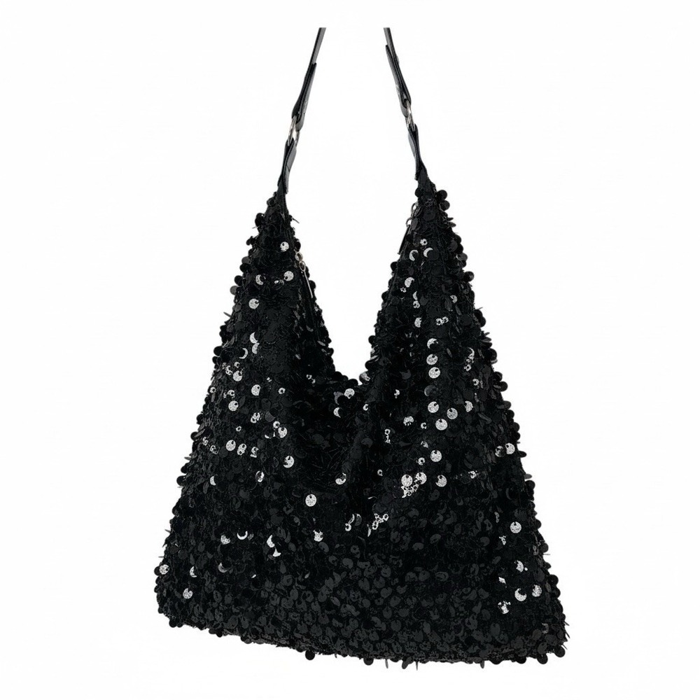 Y2K‎ 90's Sequined Black Chrome Style Slouch Hobo Shoulder Bag Pockets